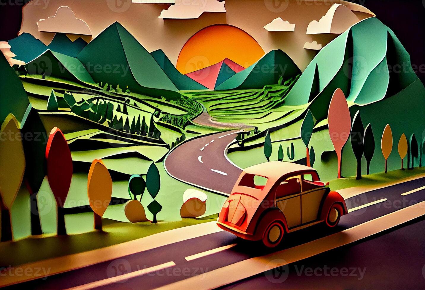 Paper art , Car on a road , one day trip in the summer , Escape from the city with goes on holiday weekend. photo