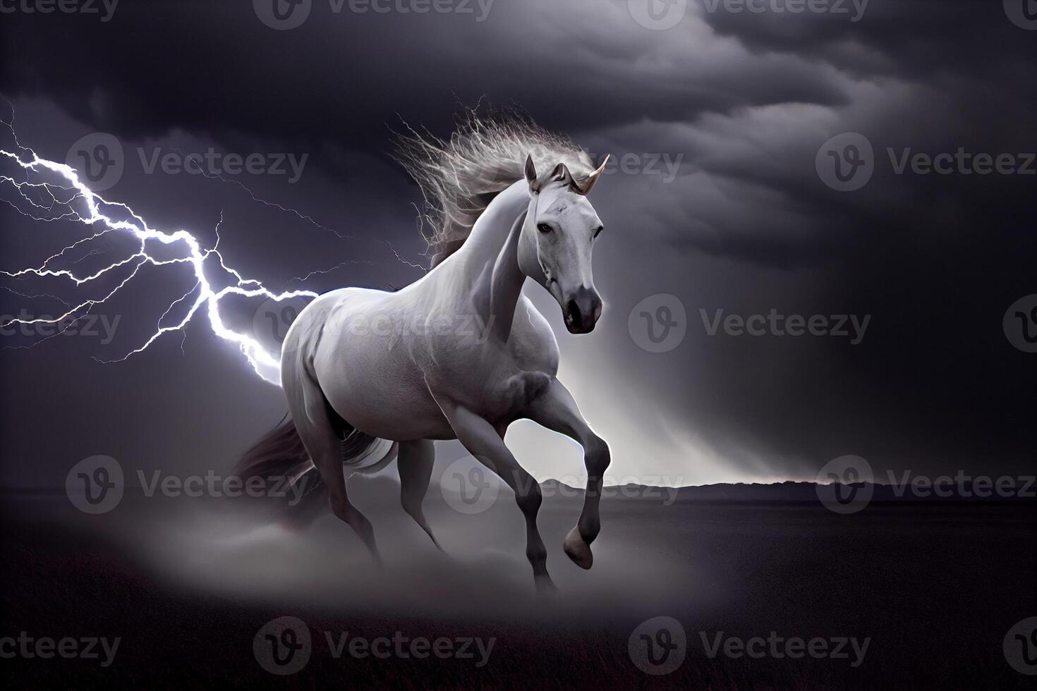 A white horse runs through dark storm clouds among lightning. photo