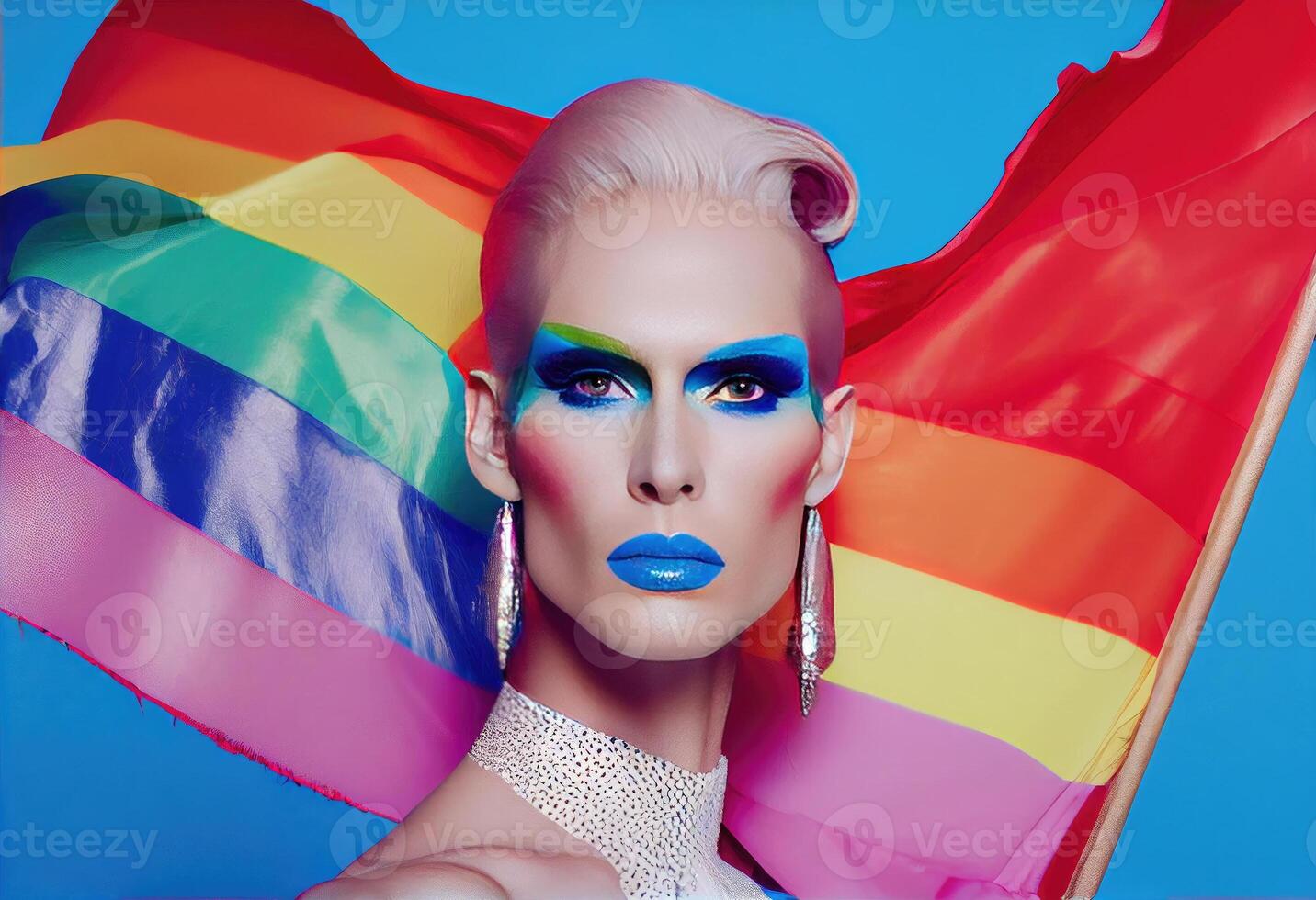 Slim extraordinary drag queen with makeup holding LGBT pride flag against blue background and looking at camera. . photo