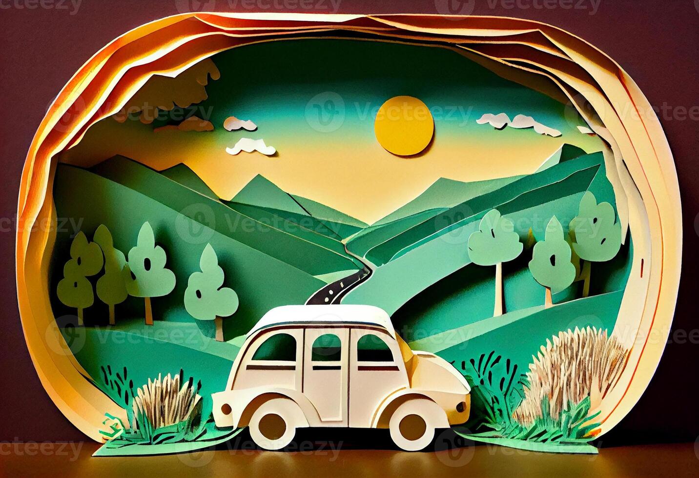 Paper art , Car on a road , one day trip in the summer , Escape from the city with goes on holiday weekend. photo