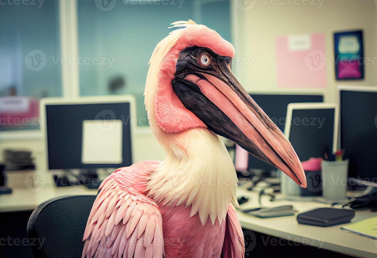 Portrait of an anthropomorphic pink pelican as a developer in the office. . photo
