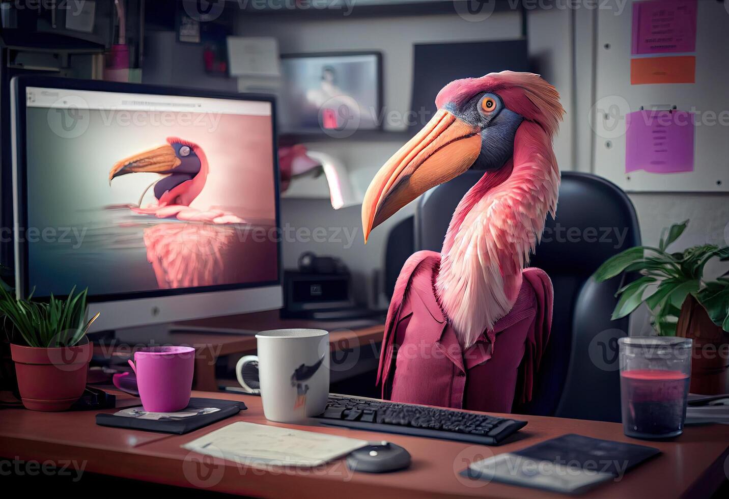 Portrait of an anthropomorphic pink pelican as a developer in the office. . photo