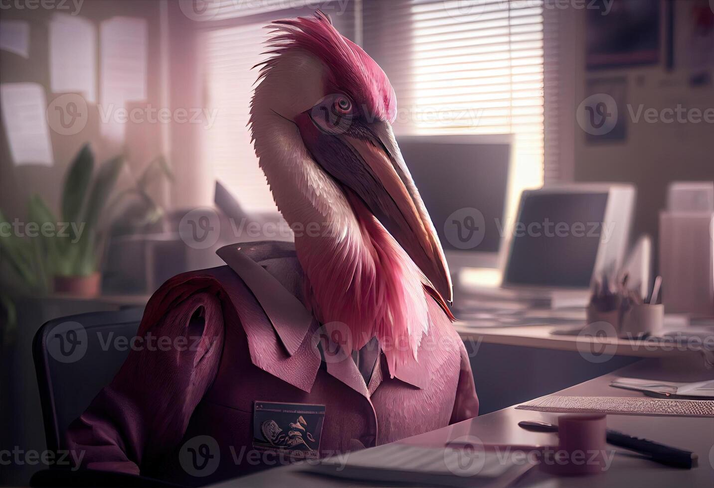 Portrait of an anthropomorphic pink pelican as a developer in the office. . photo