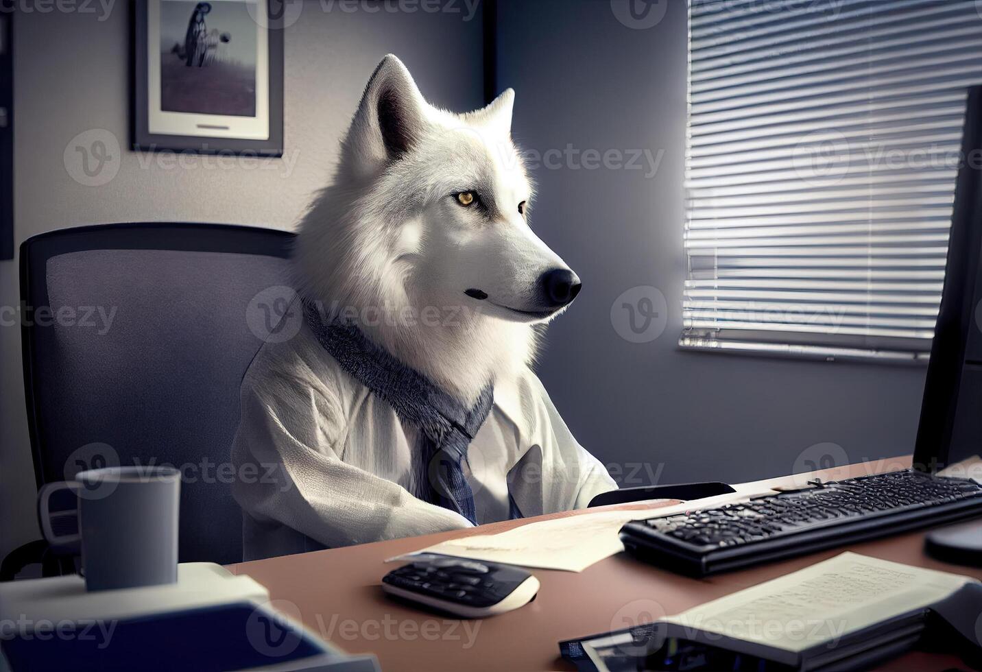 Portrait of an anthropomorphic polar wolf as a developer in the office. . photo