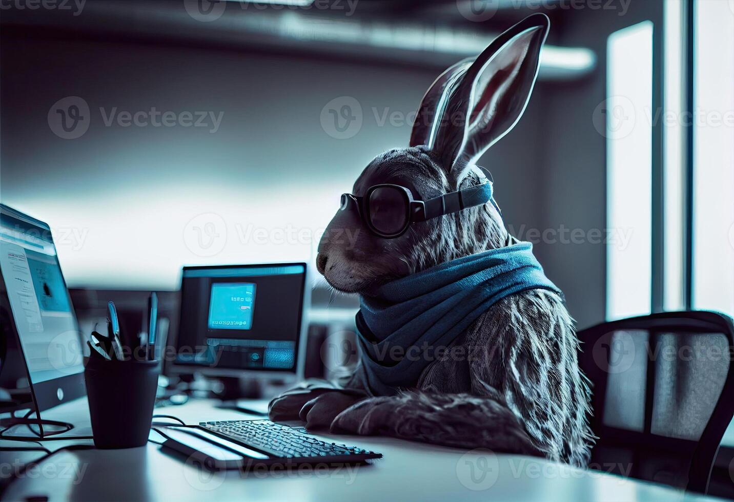 Portrait of an anthropomorphic rabbit as a developer in the office. . photo
