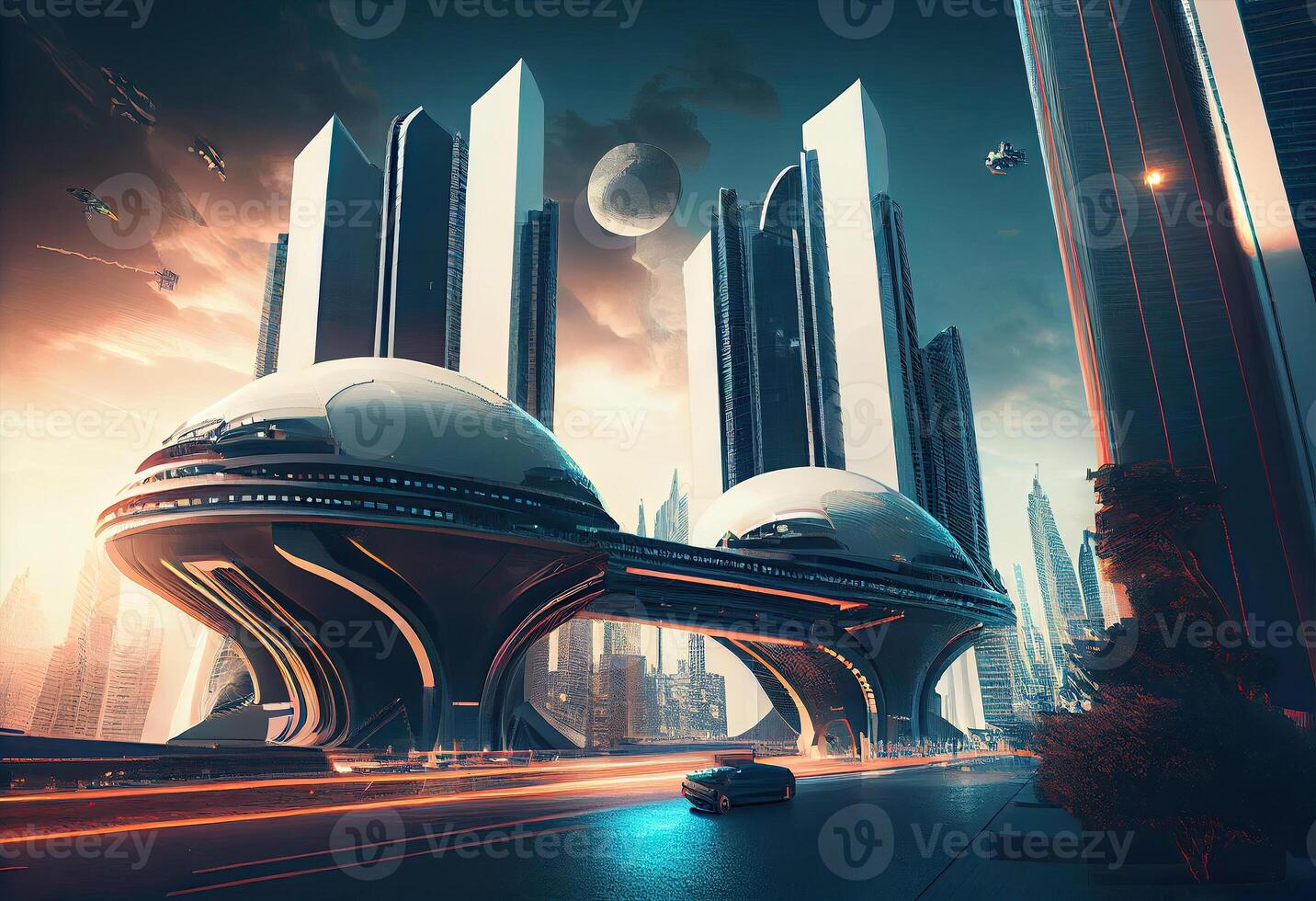 Futuristic city with billboards . . photo