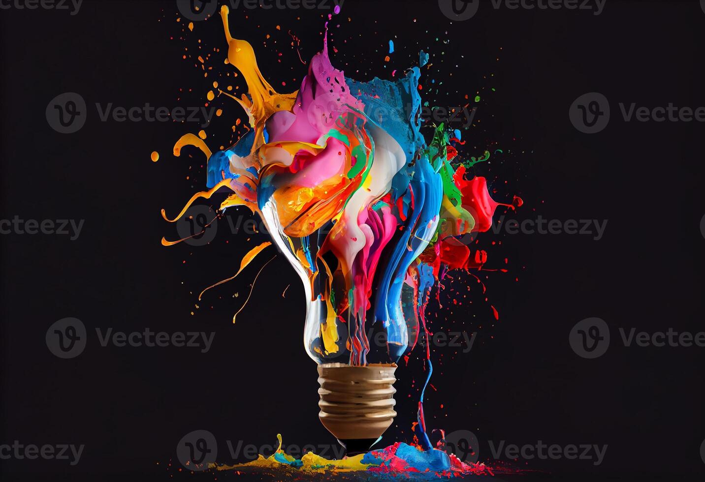 Creative light bulb explodes with splashes of multi-colored paint on a dark background. photo