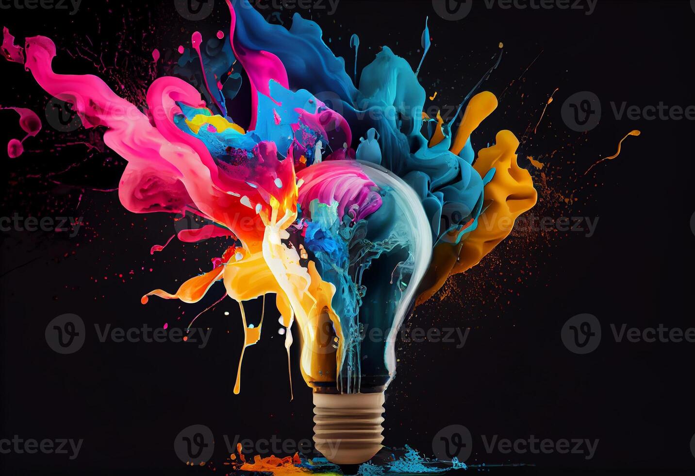 Creative light bulb explodes with splashes of multi-colored paint on a dark background. photo