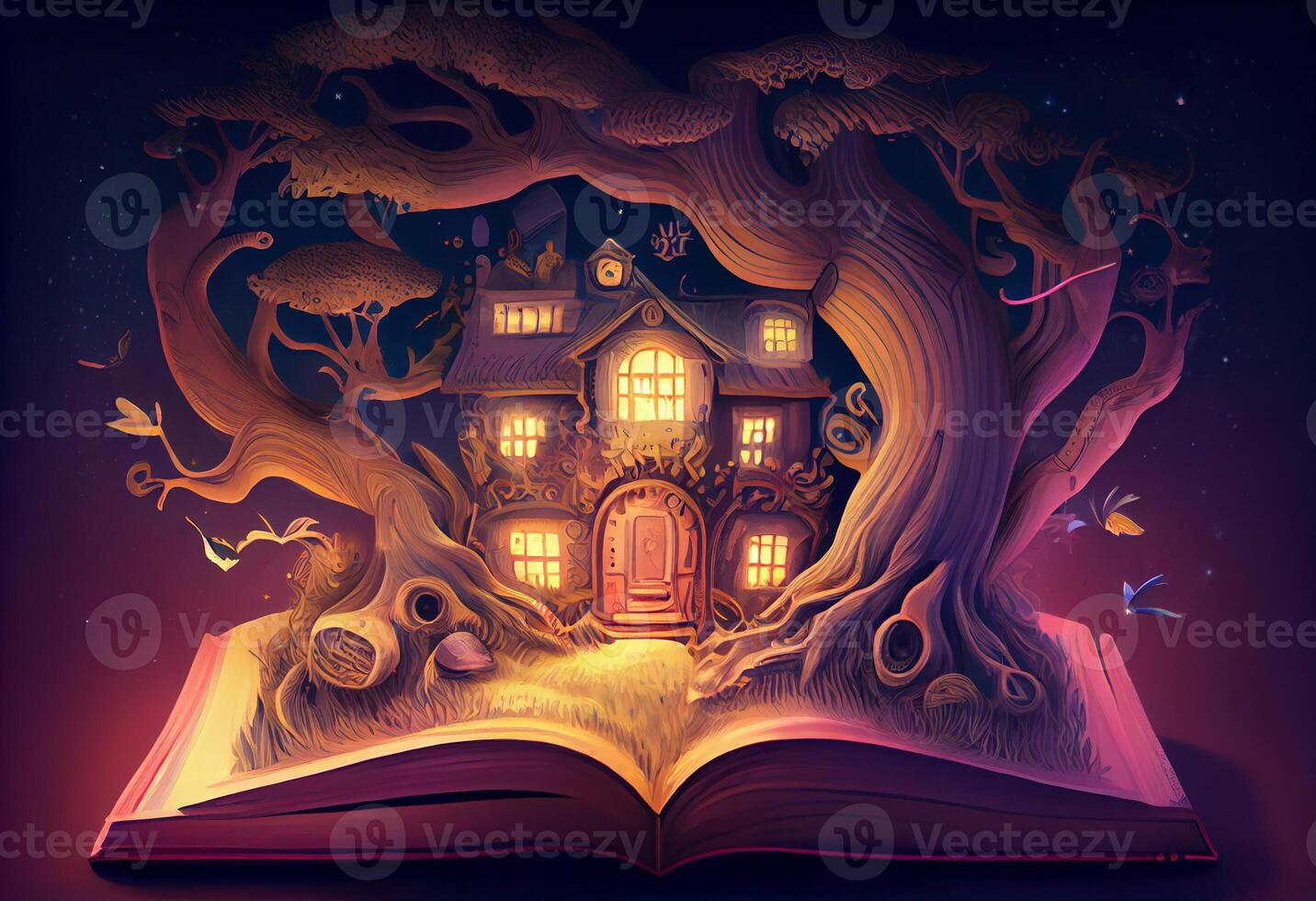 Illustration of a magical book that contains fantastic stories. photo