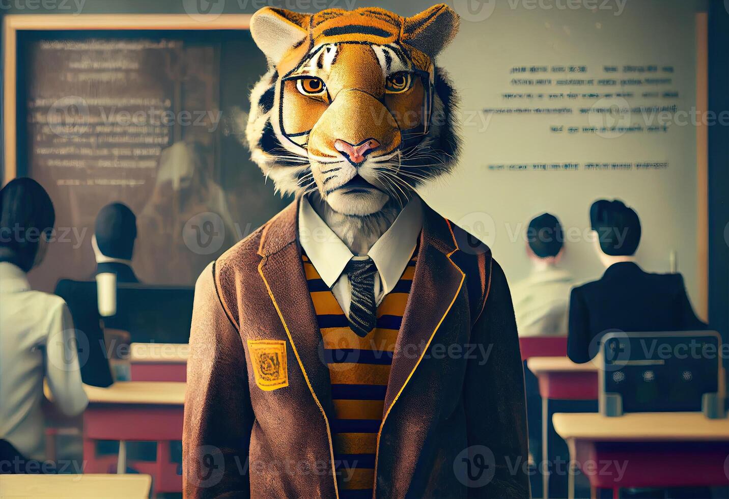 Portrait of an anthropomorphic tiger dressed as a schoolboy in a classroom. . photo