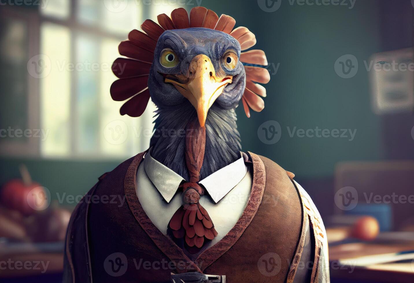 Portrait of an anthropomorphic turkey dressed as a schoolboy in a classroom. . photo