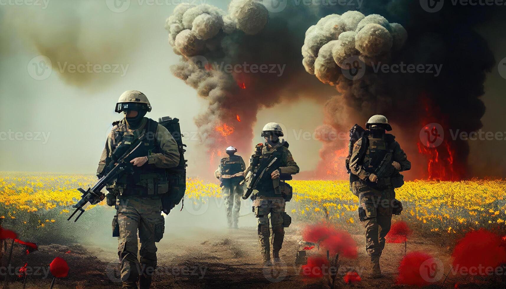 Military special forces soldiers crosses destroyed warzone through fire and smoke in a spring flower field . photo