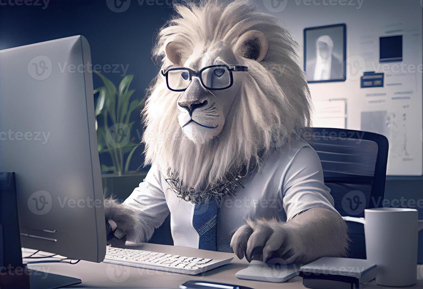 Portrait of an anthropomorphic white lion as a developer in the office. . photo