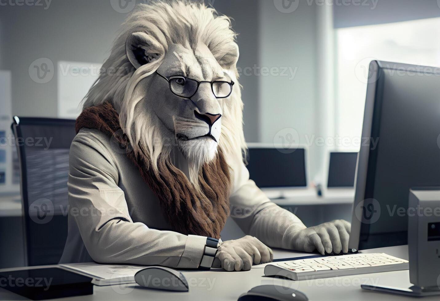 Portrait of an anthropomorphic white lion as a developer in the office. . photo