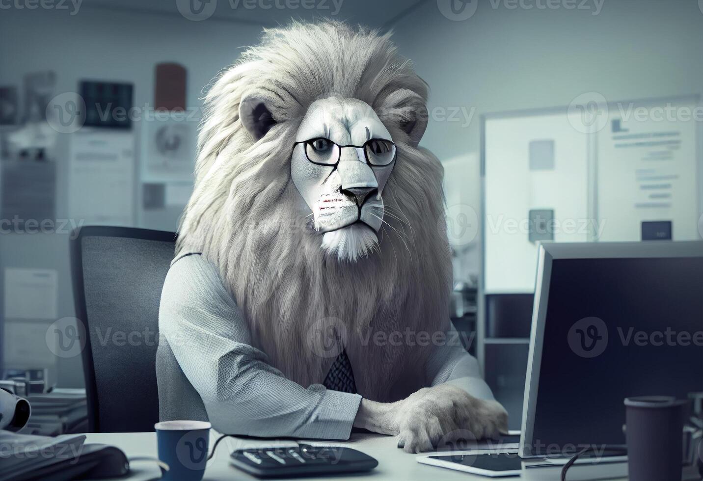 Portrait of an anthropomorphic white lion as a developer in the office. . photo