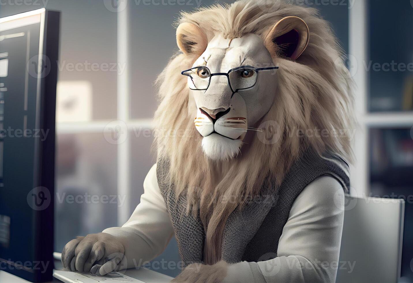 Portrait of an anthropomorphic white lion as a developer in the office. . photo