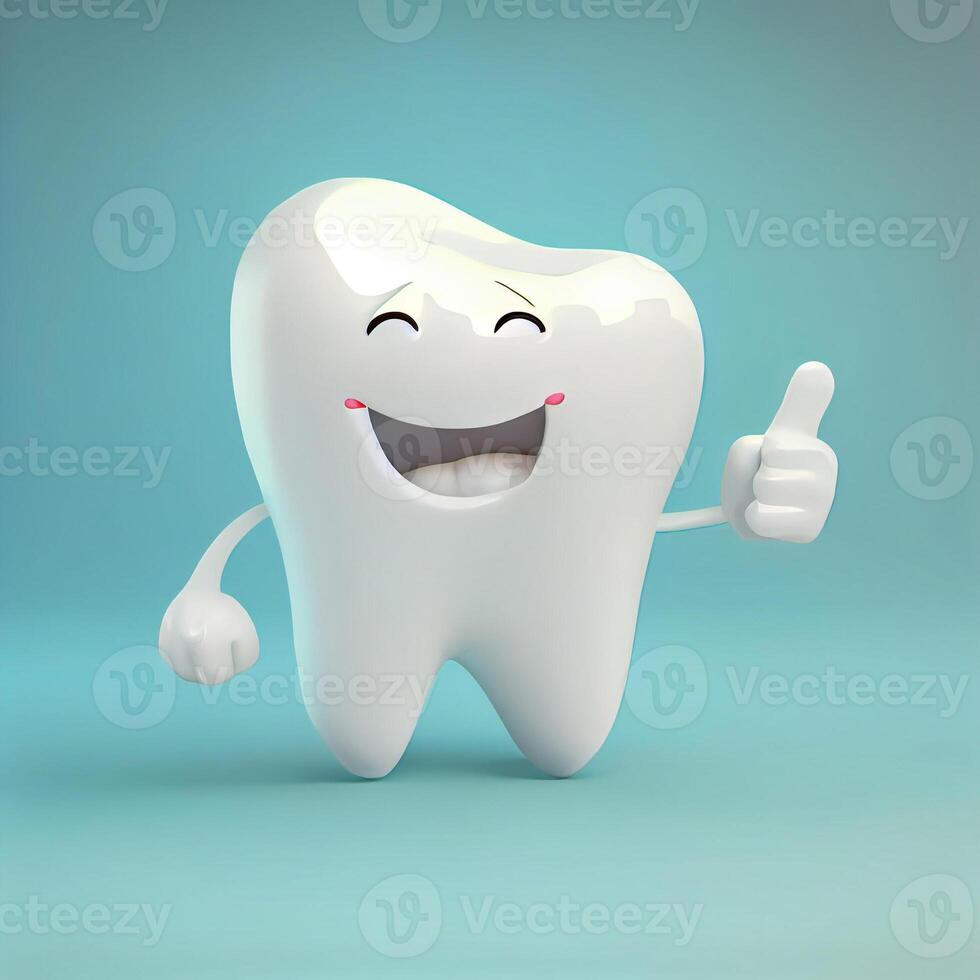 3D realistic happy white tooth , Tooth cartoon characters with thumbs up on bright background , Cleaning and whitening teeth concept. photo