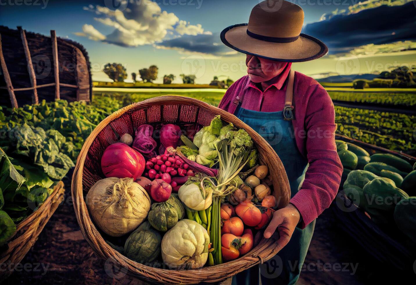 Farmer holds a basket of harvested vegetables against the background of a farm. Harvesting. . photo