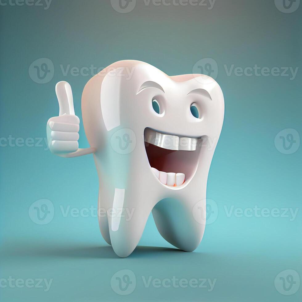 3D realistic happy white tooth , Tooth cartoon characters with thumbs up on bright background , Cleaning and whitening teeth concept. photo