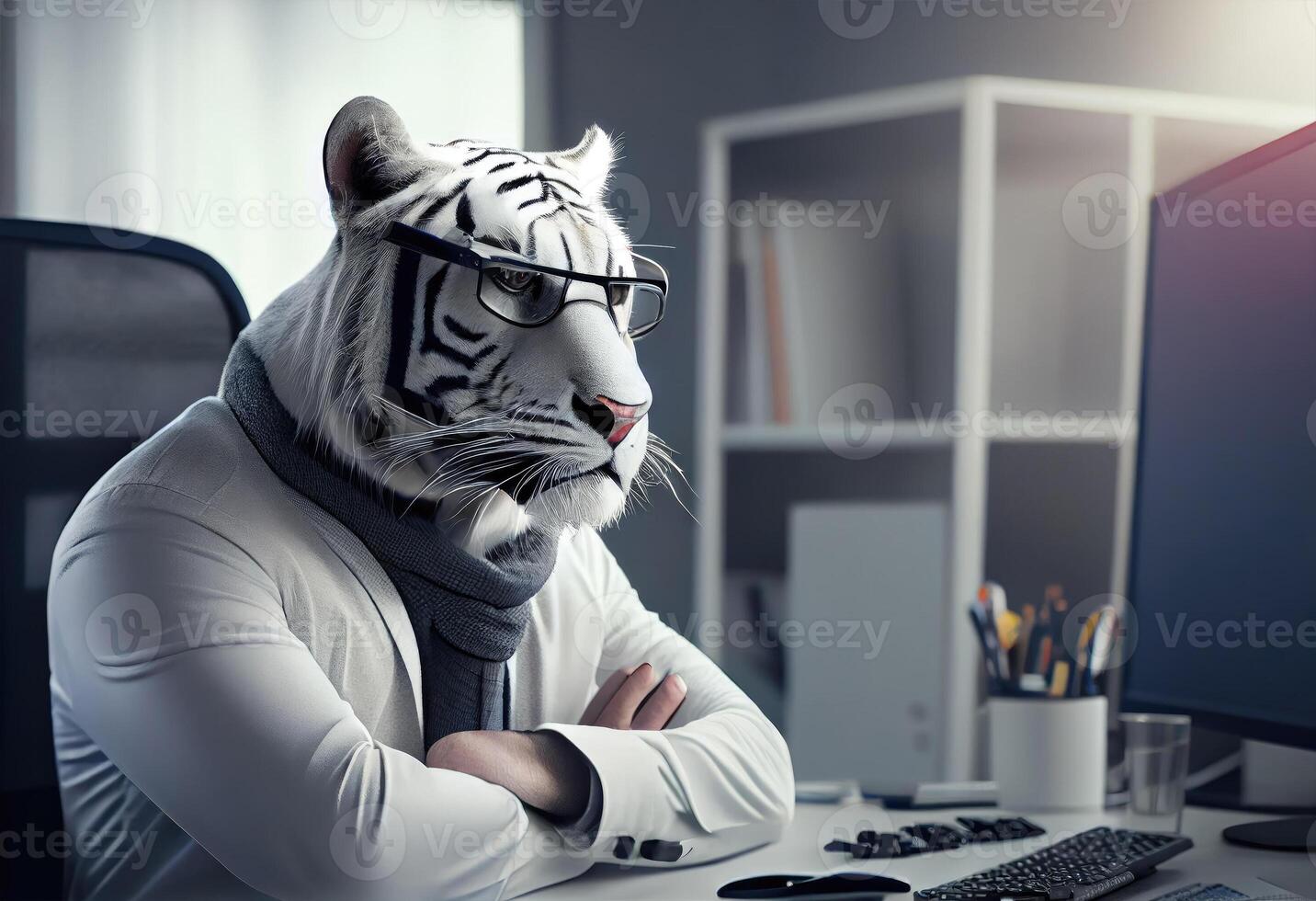 Portrait of an anthropomorphic white tiger as a developer in the office. . photo