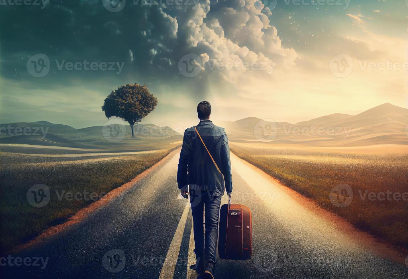 Young man goes on the road to the distance, the path to success. . photo
