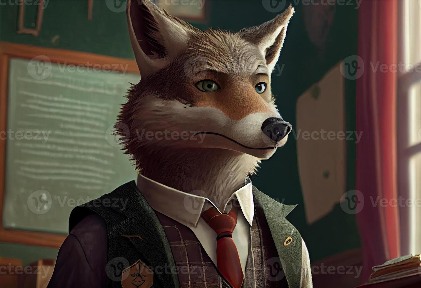 Portrait of an anthropomorphic wolf dressed as a schoolboy in a classroom. . photo