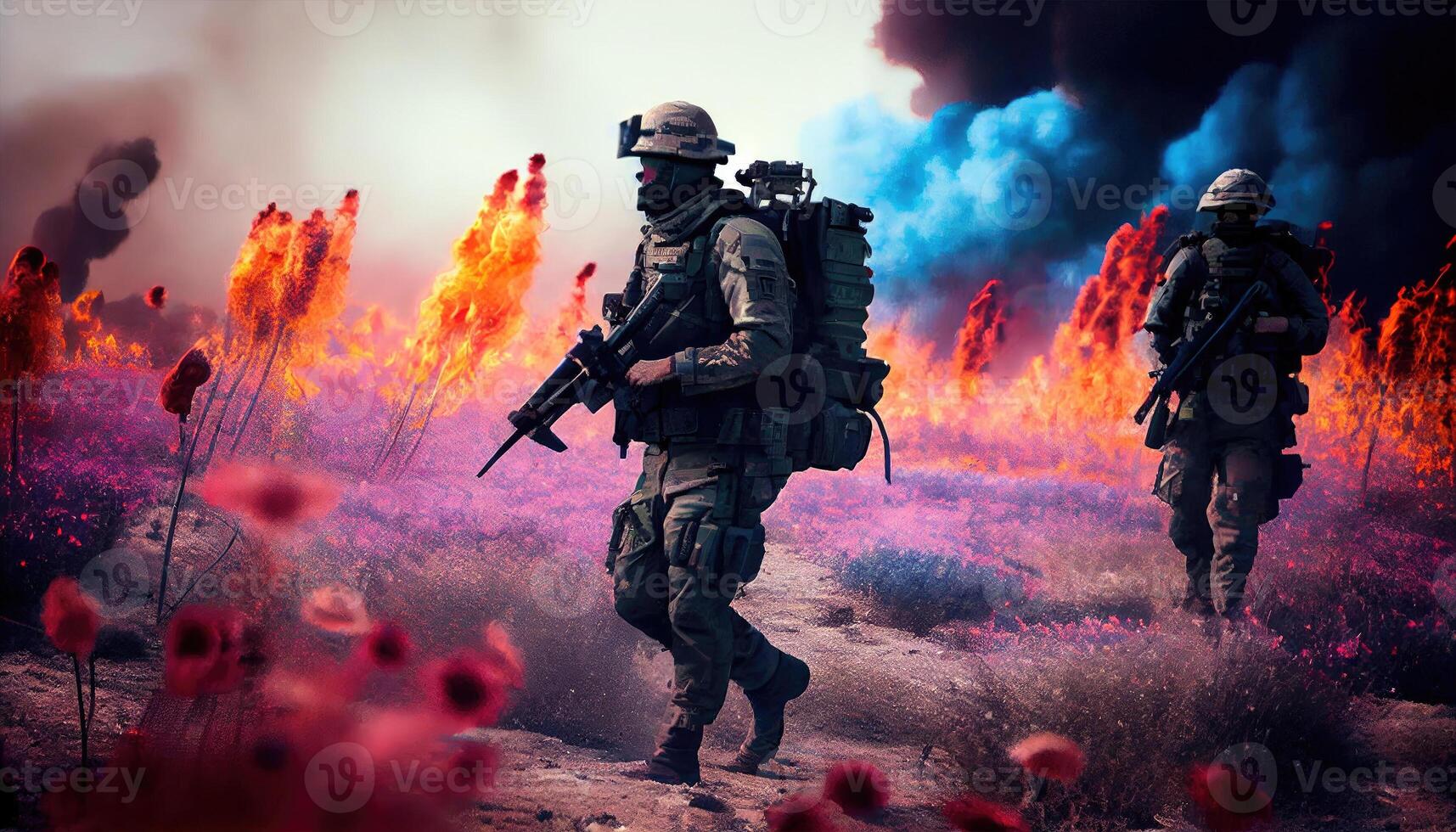 Military special forces soldiers crosses destroyed warzone through fire and smoke in a spring flower field . photo