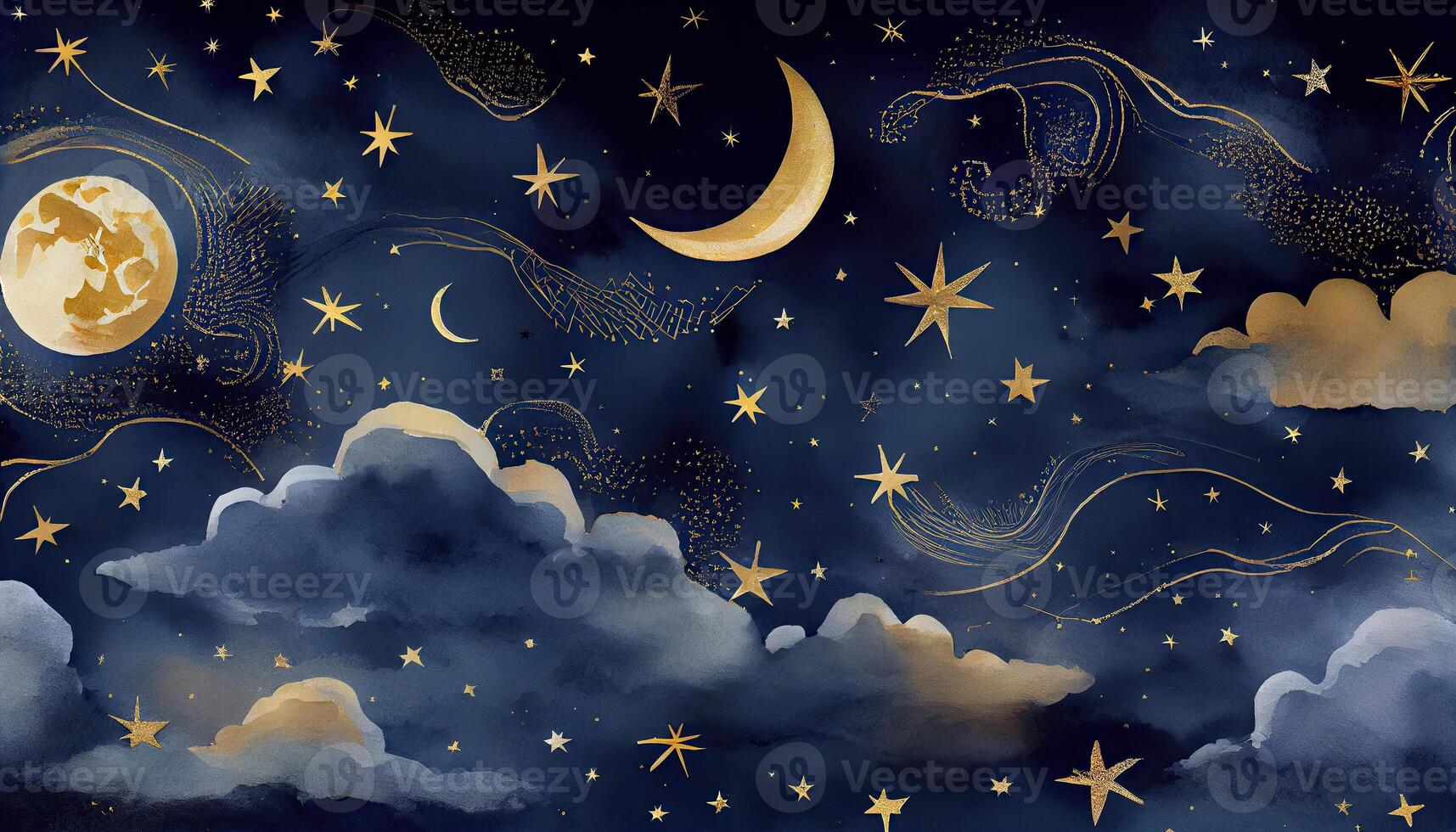 Seamless pattern of the night sky with gold foil constellations stars and clouds watercolor. . photo