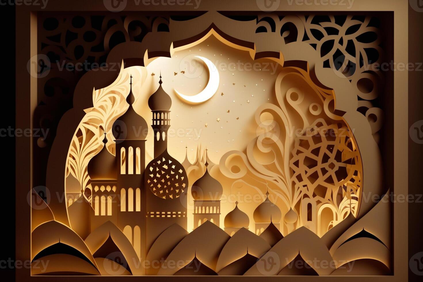 illustration of abstract paper cut mosque, crescent, pattern, window and street for greeting card. . photo