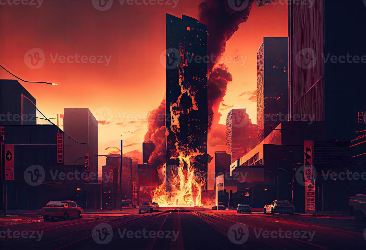 The burning modern city. . photo