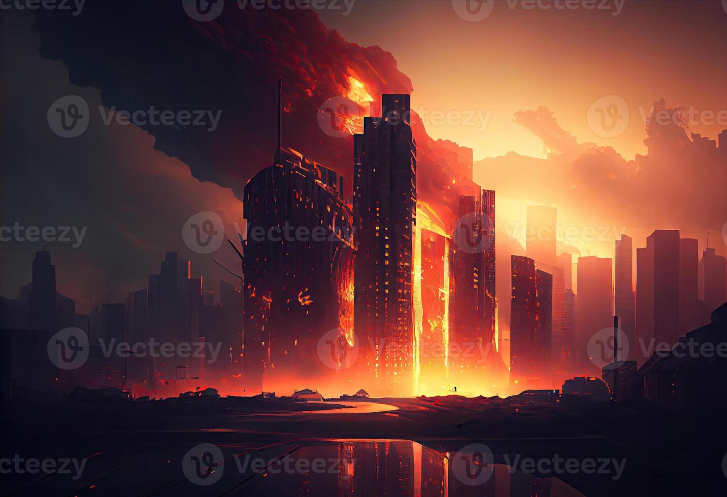 The burning modern city. . photo