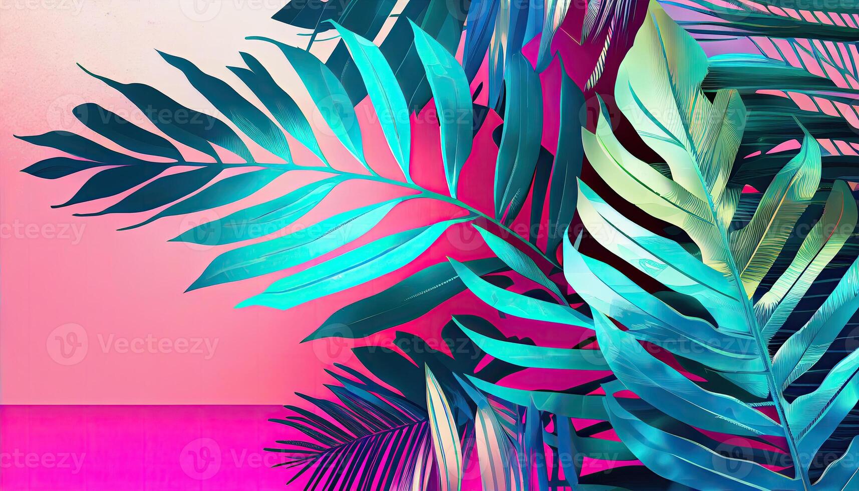 Tropical and palm leaves in bright bold holographic colors. . photo