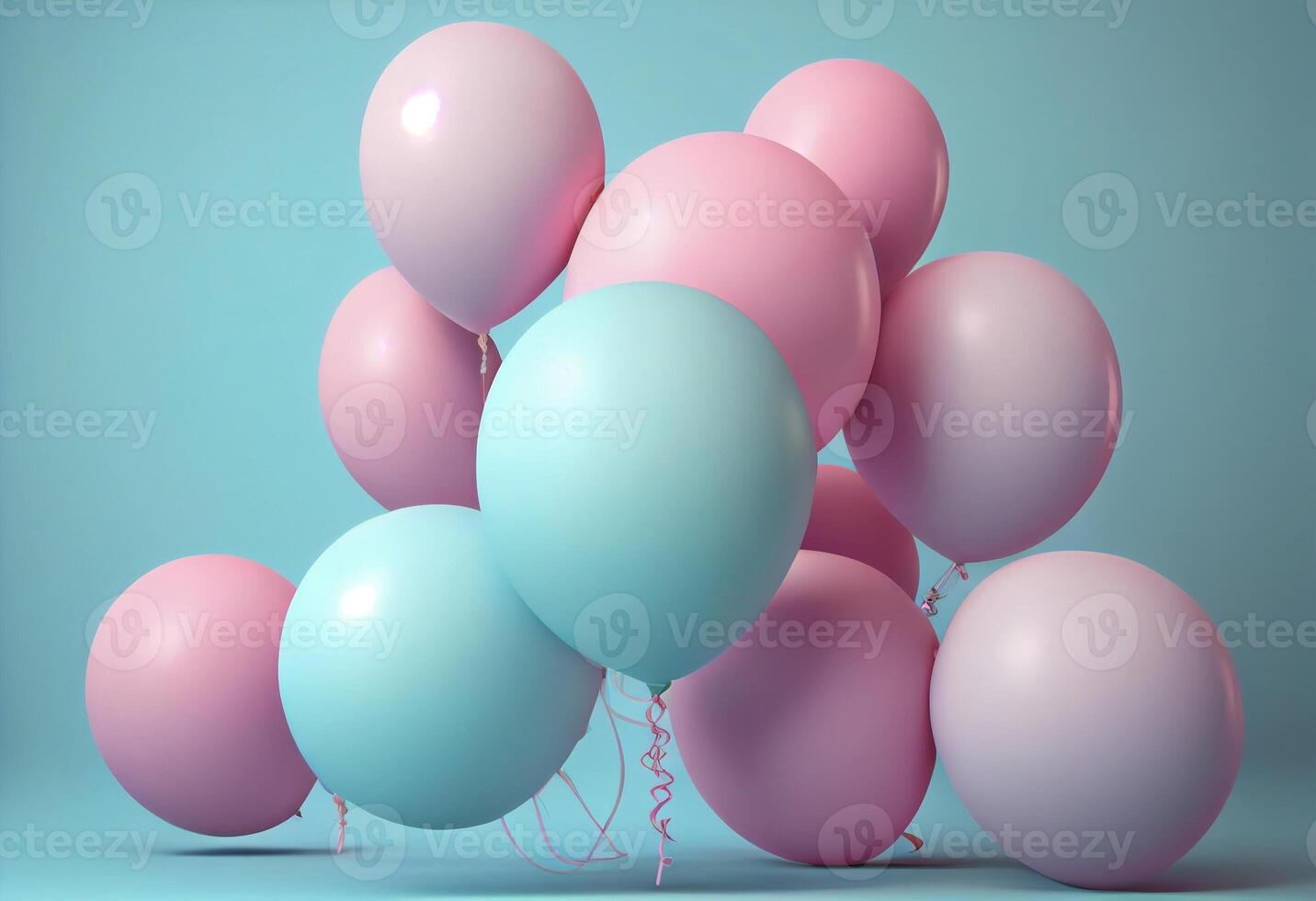 Pink balloons on a pastel blue background. 3d render illustration. photo