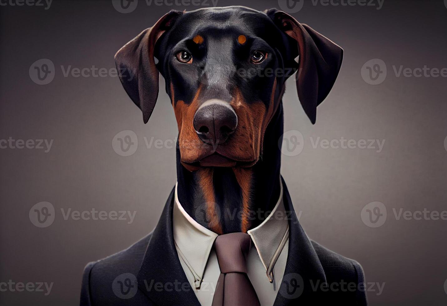 Portrait of a dog Dobermann dressed in a formal business suit. photo