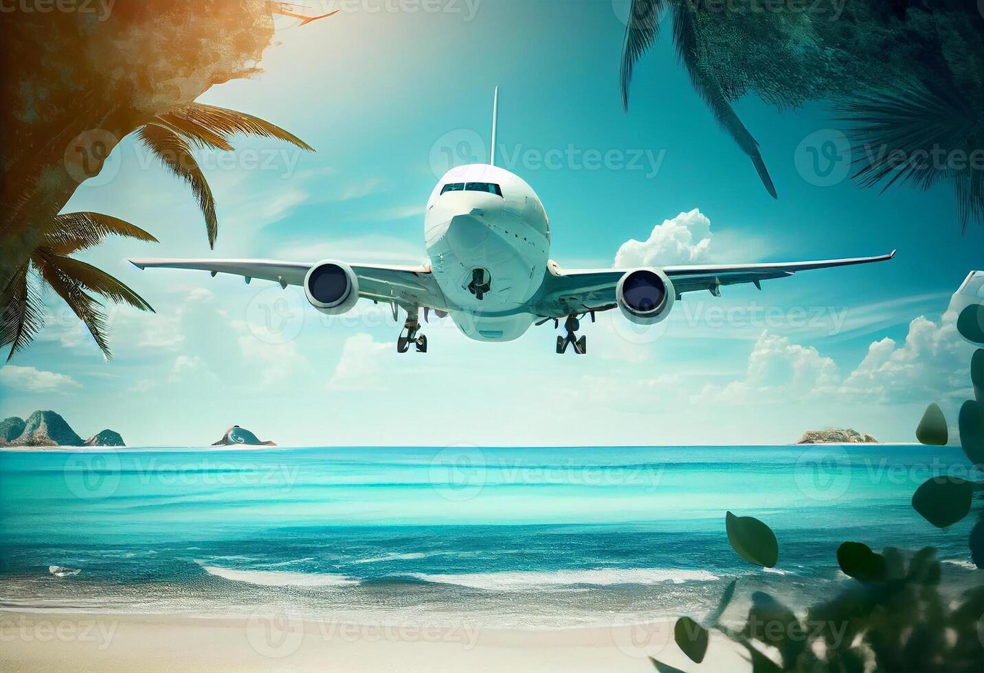 Airplane flying above tropical sea beach , Theme of travel in summer trip , Vacation weekend and tourism. photo
