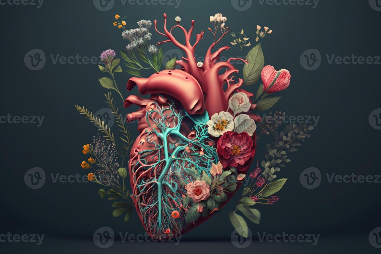 Human heart with flowers, love and emotion concept, good hearted person, help and charity. photo