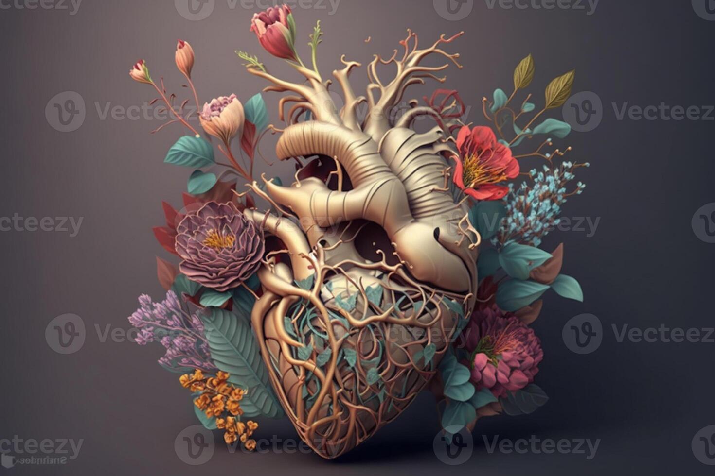 Human heart with flowers, love and emotion concept, good hearted person, help and charity. photo