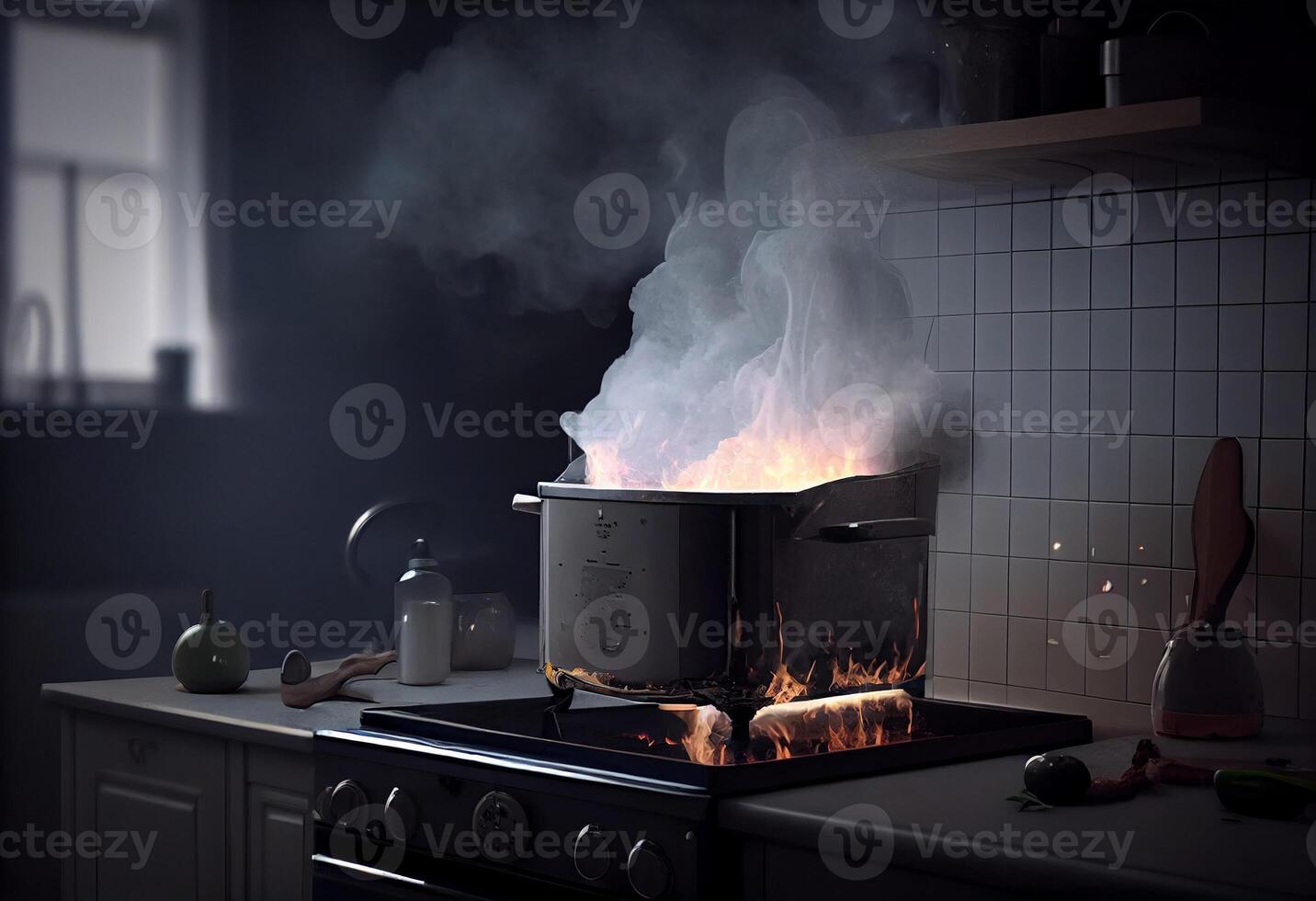 estufa encendido en el moderno cocina durante cocinando, fumar y Hollín alrededor, fuego a hogar. ai generado foto