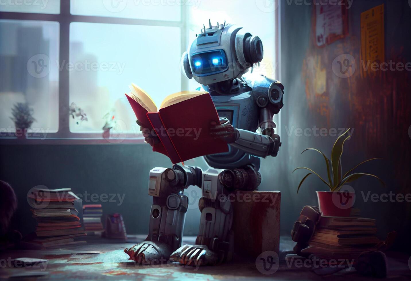 Robot child reading a book , Robot education a book. photo