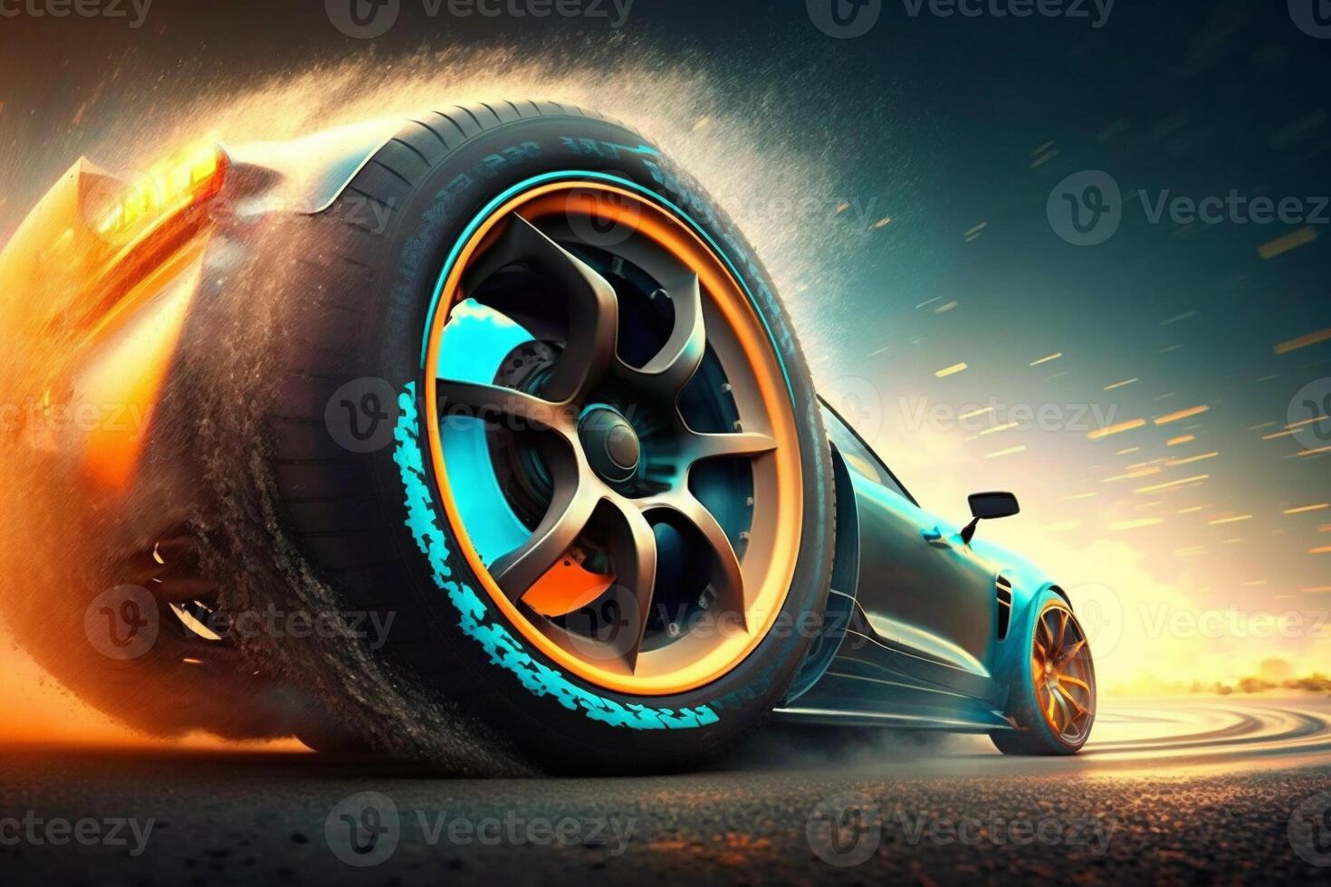 3D rendering , Sport Car Raceing on race track , Car wheel drifting. photo