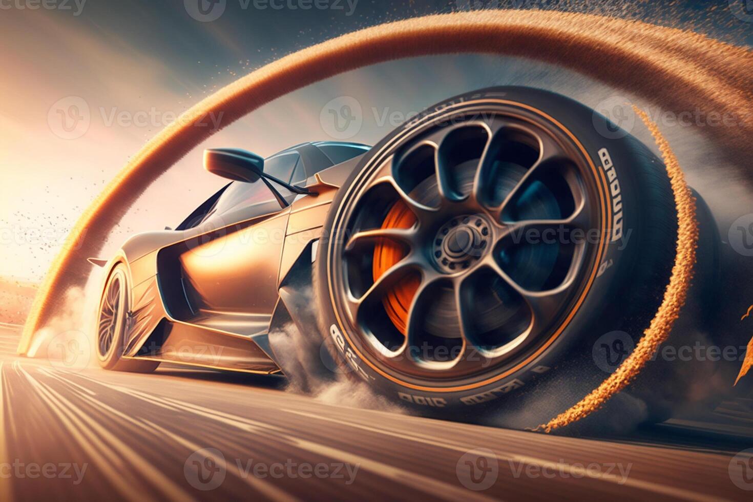 3D rendering , Sport Car Raceing on race track , Car wheel drifting. photo