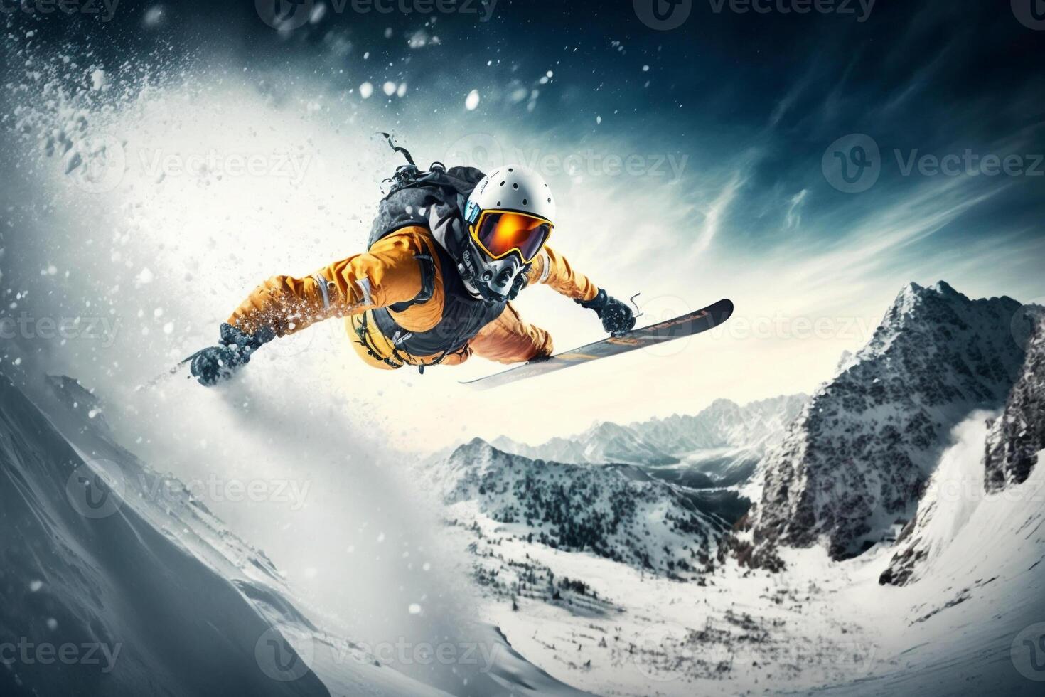 Extreme athlete Sports ski jump on mountain. photo