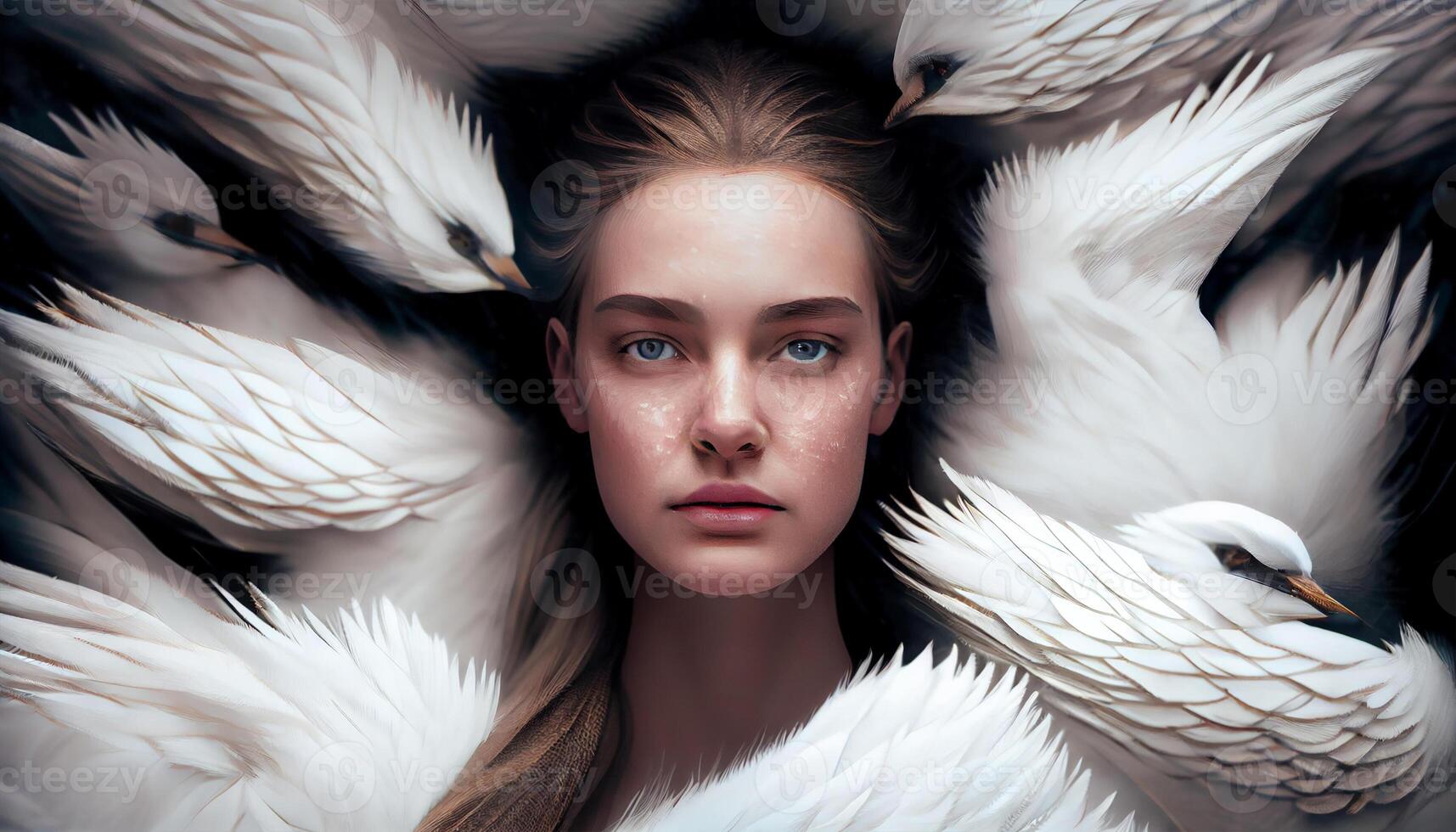 A woman's face sticking out in the middle of all the goose white feather. photo
