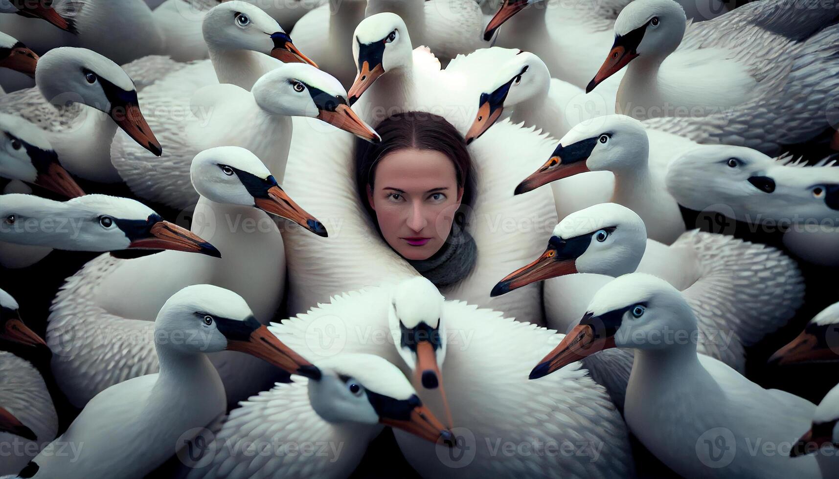 A woman's face sticking out in the middle of white geese . photo