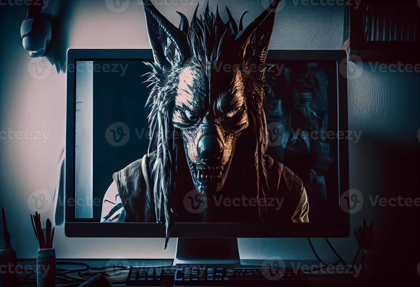 Wolf head behind a computer screen to symbolize a predator. photo