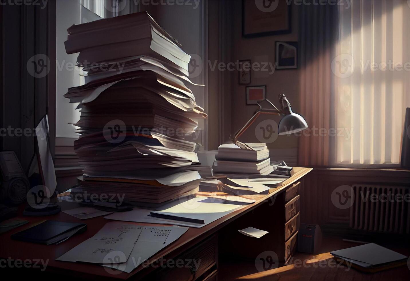 Large piles of files piled up on a desk, heavy workload. photo