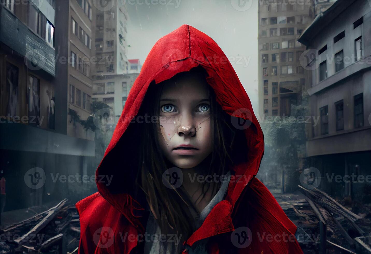 Tale of modern little red riding hood in a city with buildings in rainy weather. photo