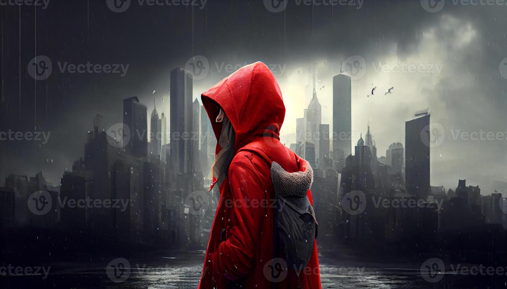 Tale of modern little red riding hood in a city with buildings in rainy weather. photo