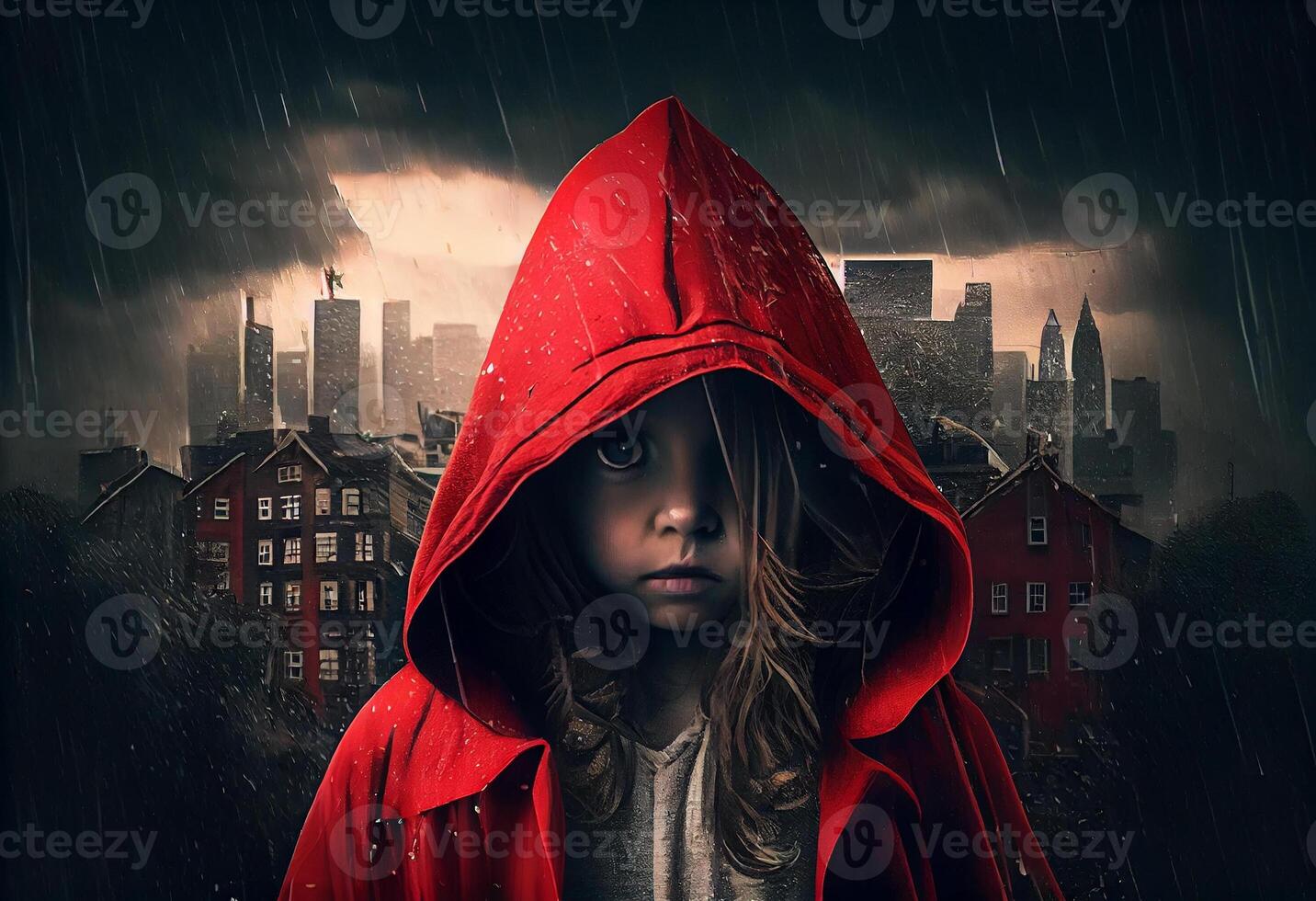 Tale of modern little red riding hood in a city with buildings in rainy weather. photo