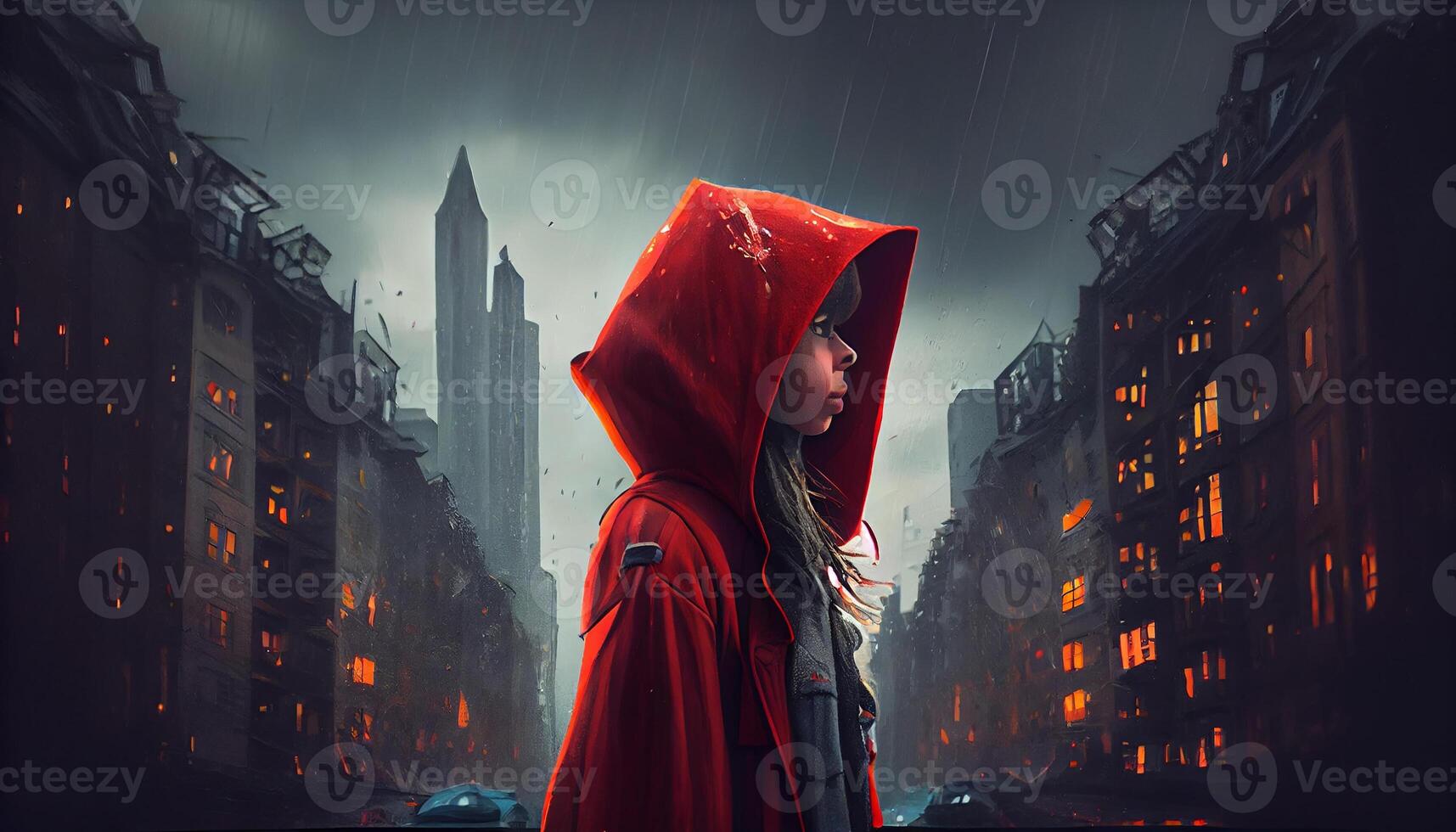 Tale of modern little red riding hood in a city with buildings in rainy weather. photo